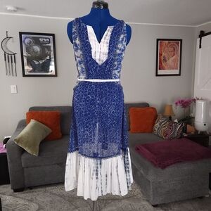 Meadow Rue Anthropologie Shibori Tie-Dye Blue White Sheer Patchwork Dress Size S